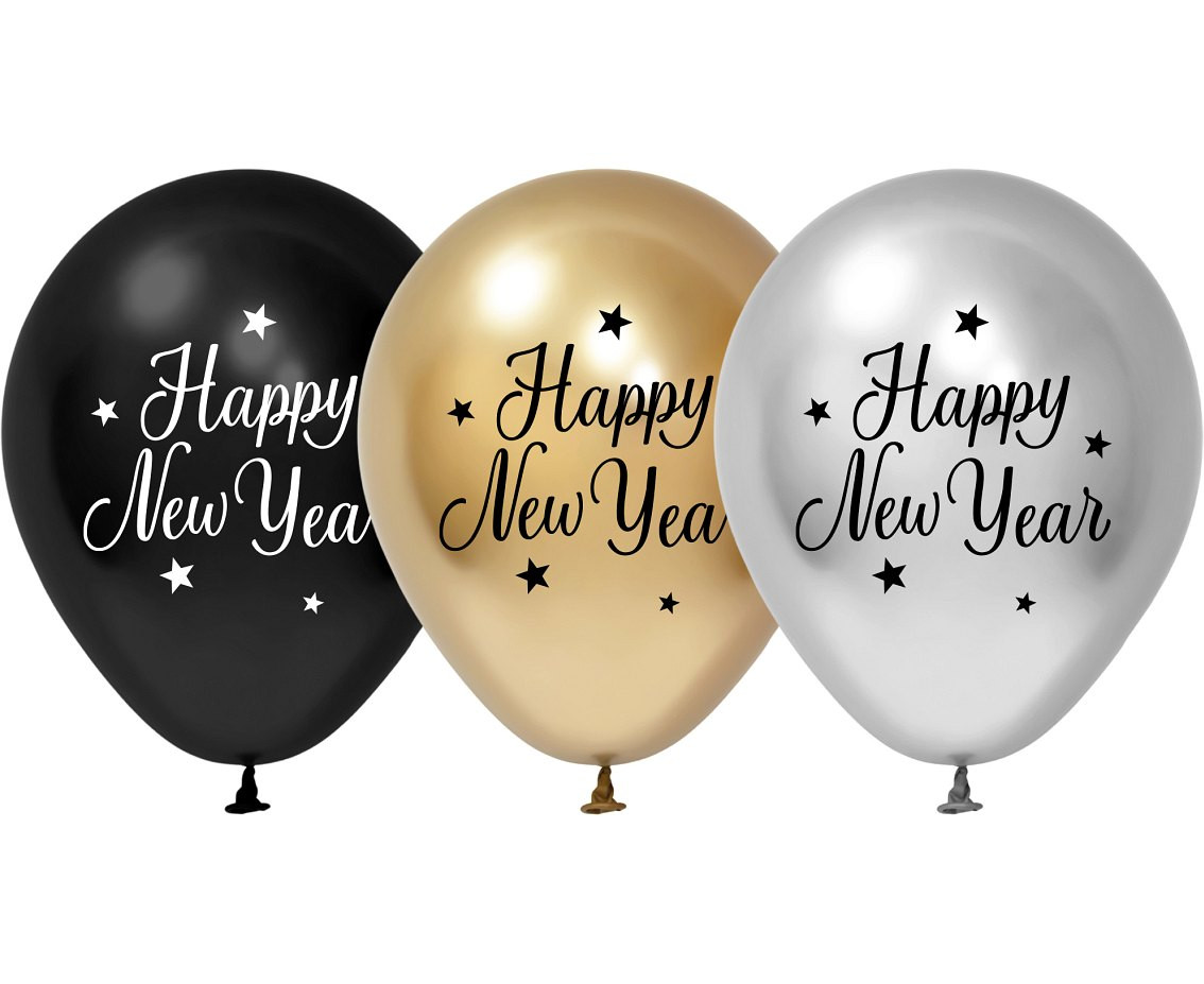Balloons B&C 12", Happy New Year, gold, silver and black 5pcs